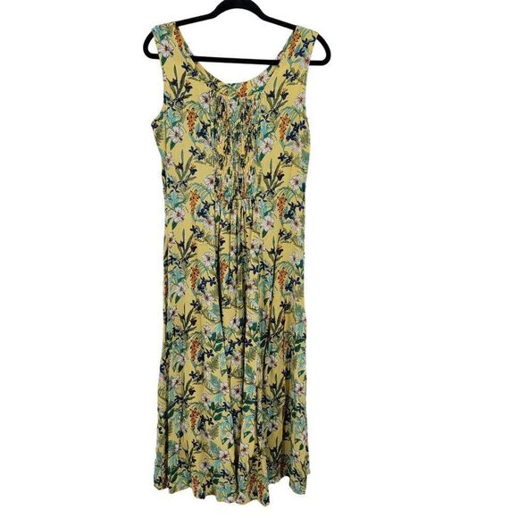 Vintage Koret Dress M Yellow Floral Midi Sleeveless Button Front Smocked India - Picture 7 of 11